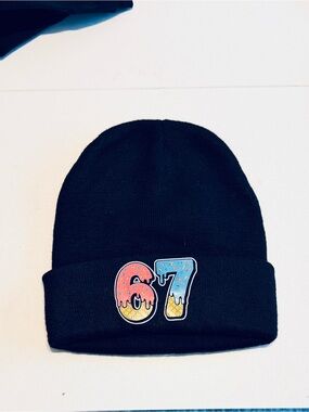 Black Kids Knit Beanie Hat with Colorful '67' Patch